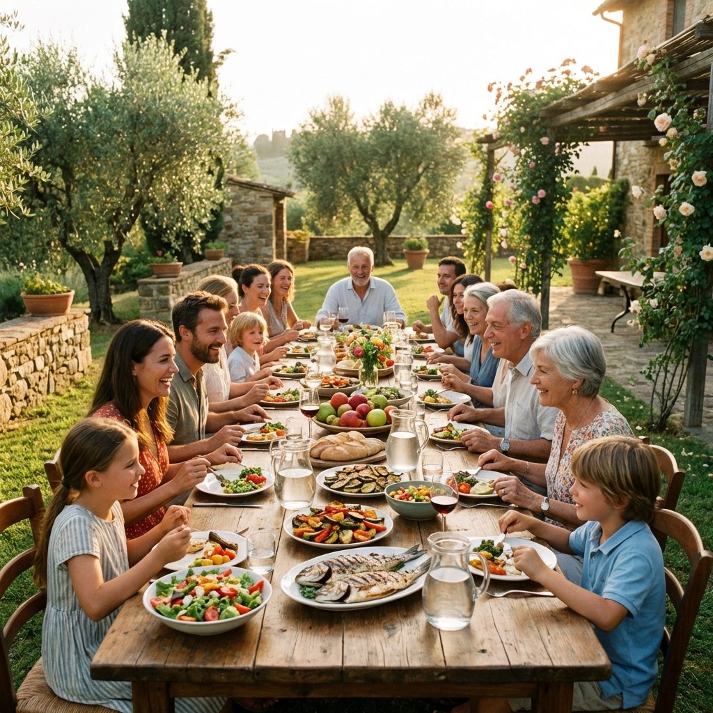 Familia disfrutando comida mediterránea